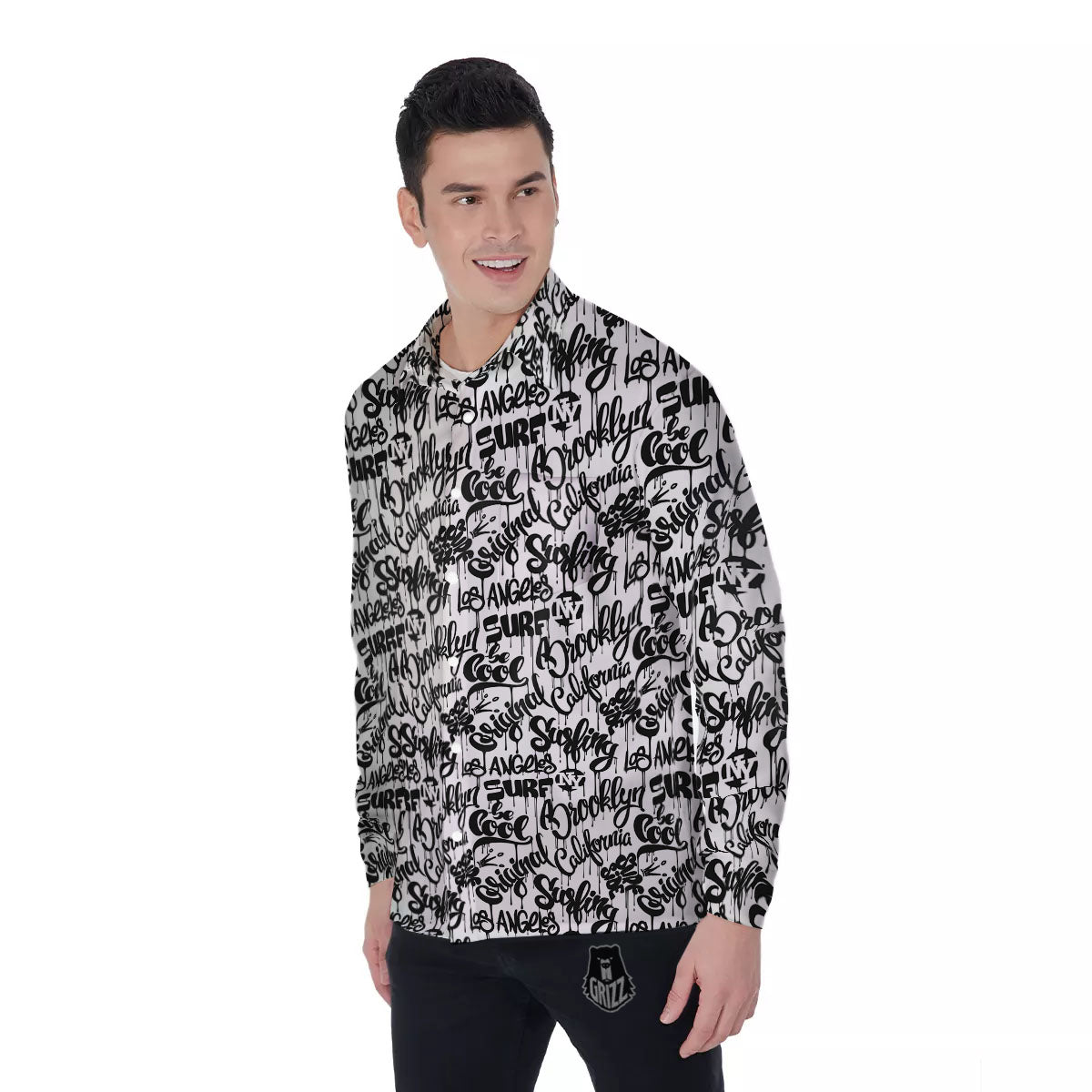 Graffiti White And Black Print Pattern Men's Long Sleeve Shirts-grizzshop