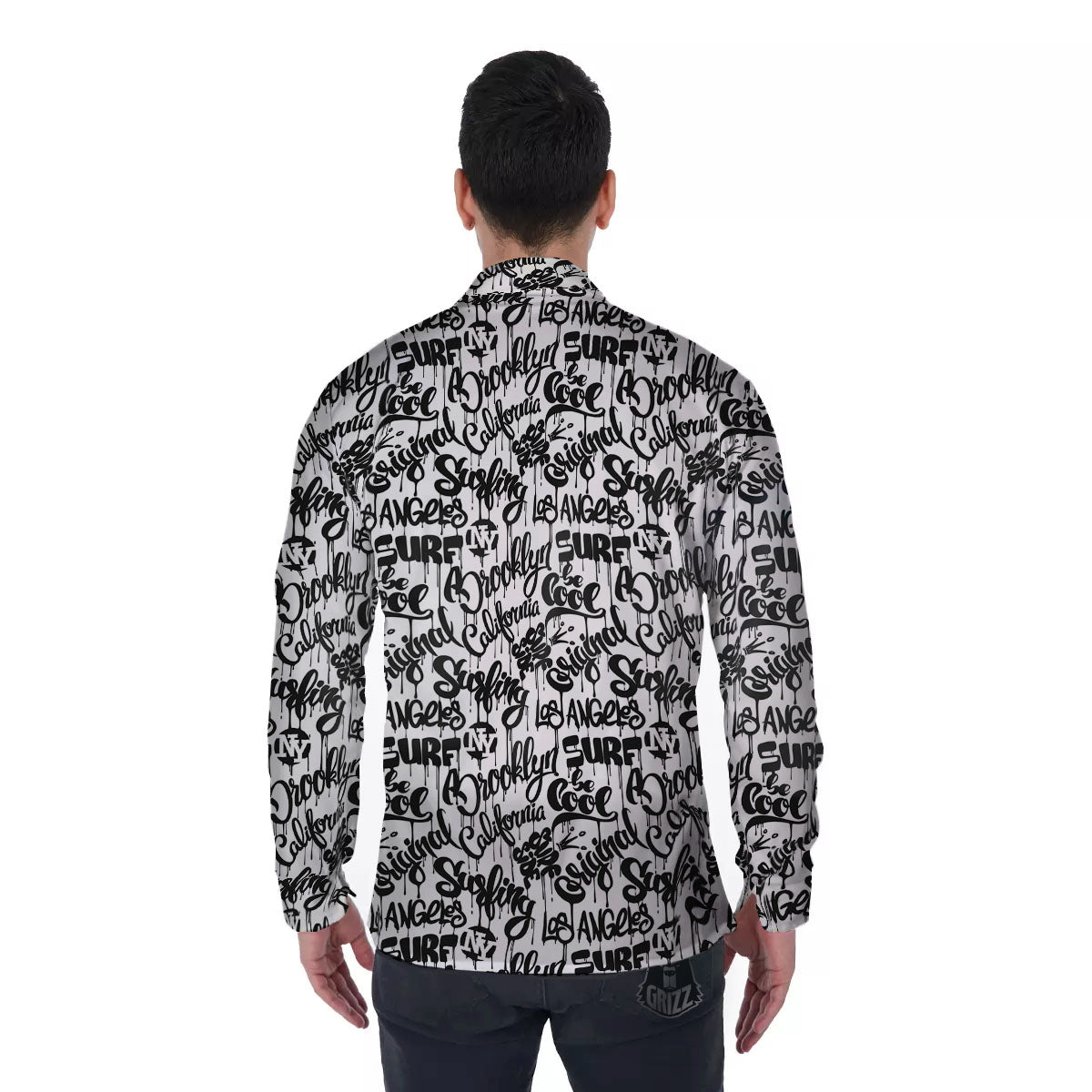 Graffiti White And Black Print Pattern Men's Long Sleeve Shirts-grizzshop