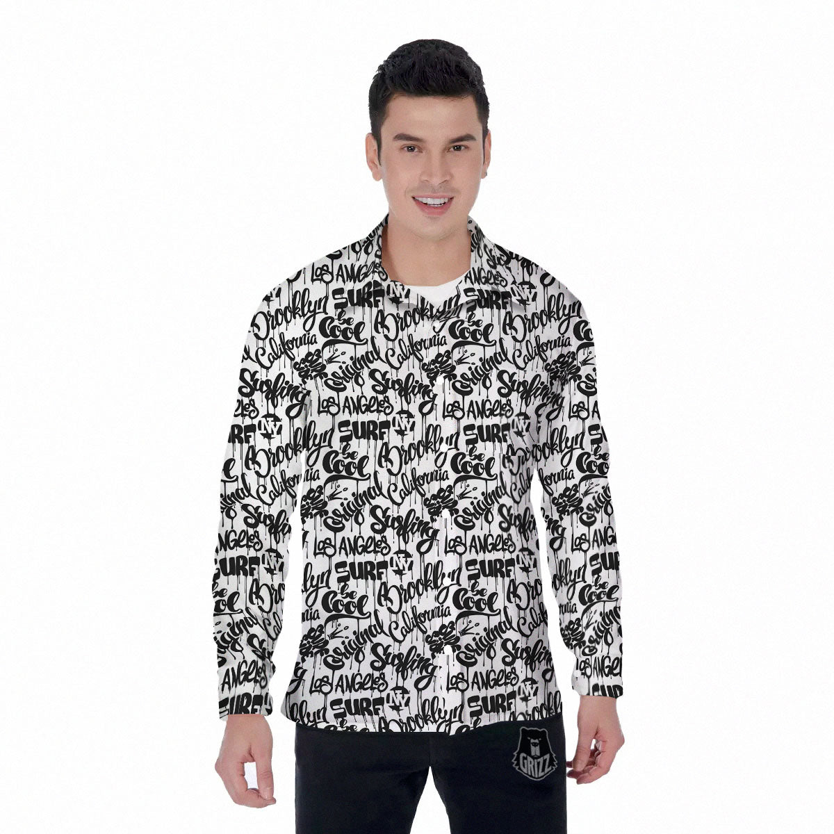 Graffiti White And Black Print Pattern Men's Long Sleeve Shirts-grizzshop