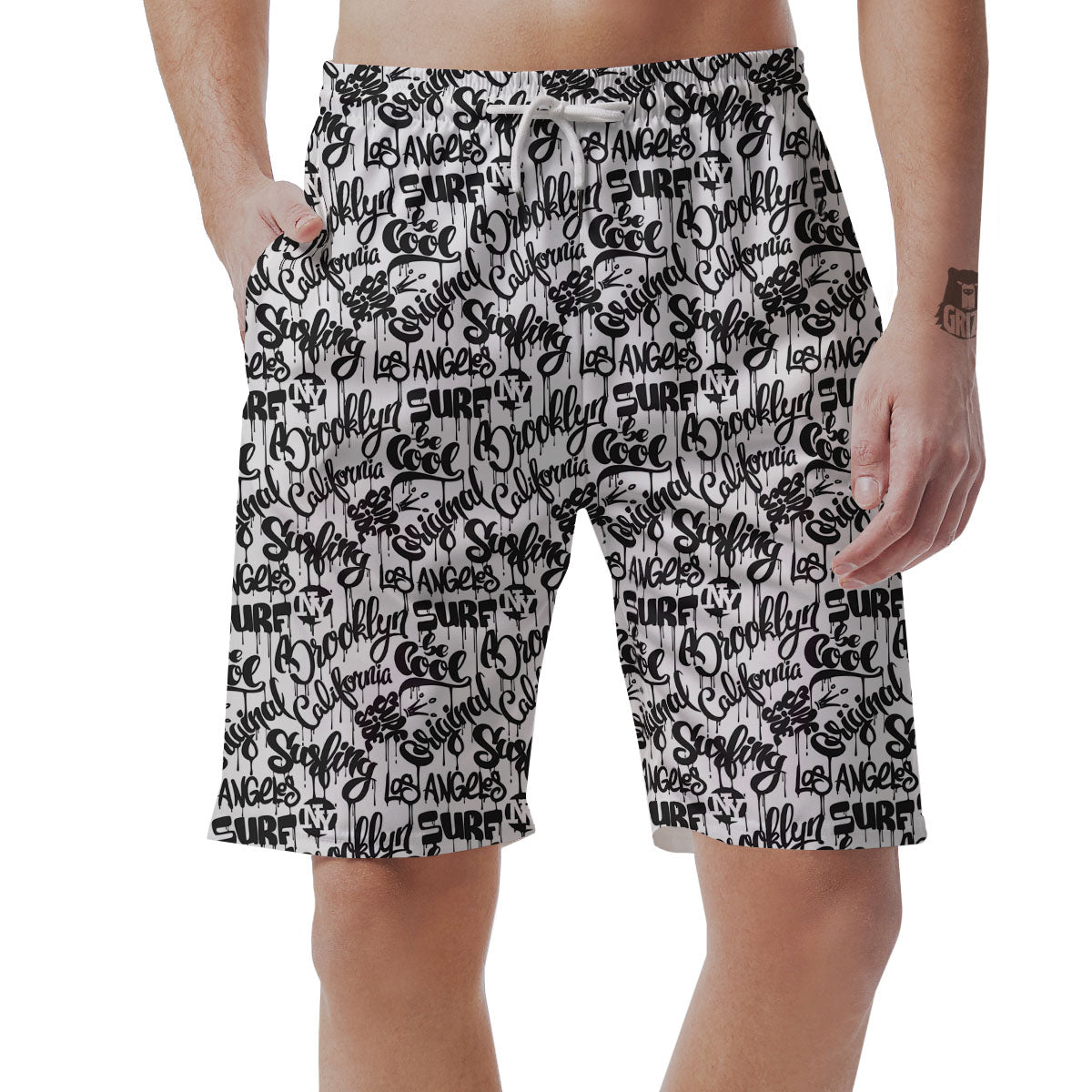 Graffiti White And Black Print Pattern Men's Shorts-grizzshop