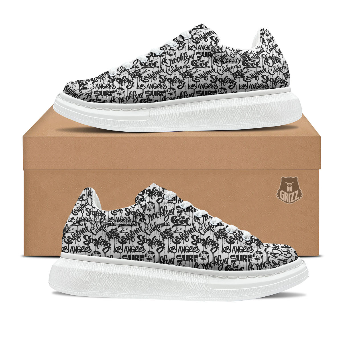 Graffiti White And Black Print Pattern Platform Shoes-grizzshop