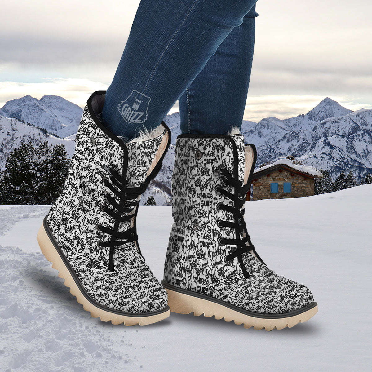 Graffiti White And Black Print Pattern Snow Boots-grizzshop