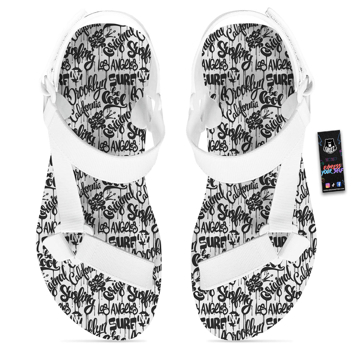 Graffiti White And Black Print Pattern White Open Toe Sandals-grizzshop