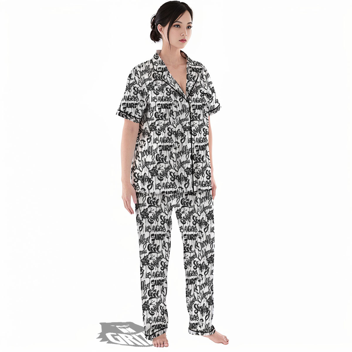 Graffiti White And Black Print Pattern Women's Pajamas Set-grizzshop