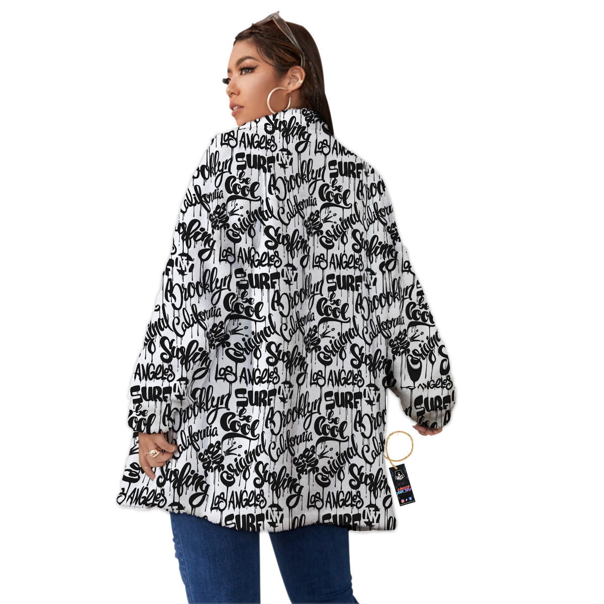 Graffiti White And Black Print Pattern Women's Sherpa Jacket-grizzshop