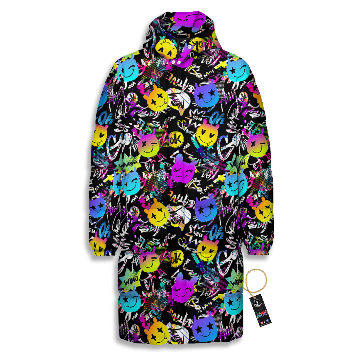 Graffiti Colorful Emoji Faces Print Pattern Long Down Jacket