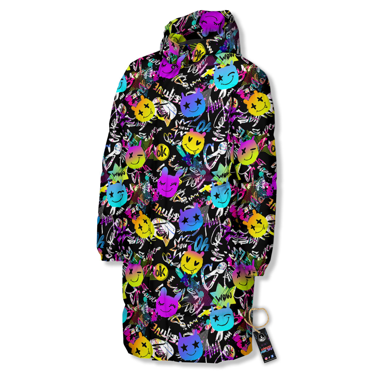 Graffiti Colorful Emoji Faces Print Pattern Long Down Jacket