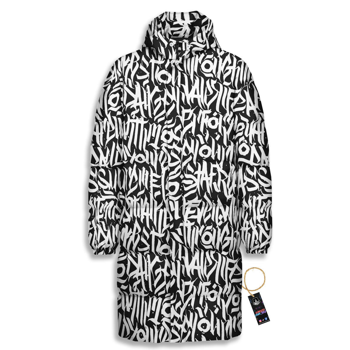 Graffiti Grunge White Text Abstract Print Long Down Jacket