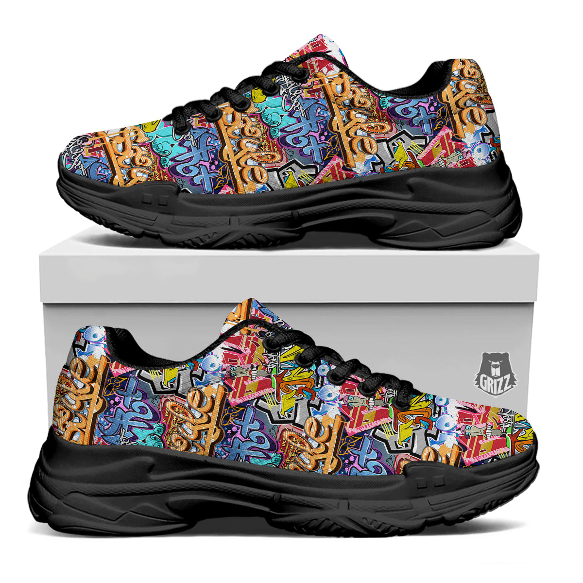 Graffity Street Art Print Pattern Black Chunky Shoes-grizzshop