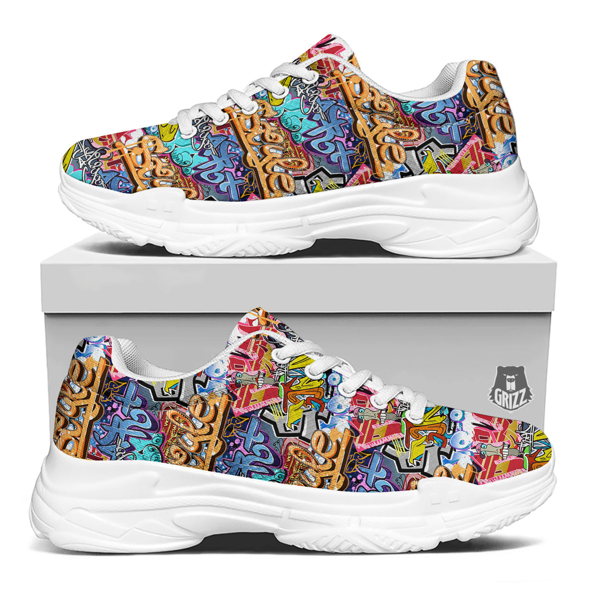 Graffity Street Art Print Pattern White Chunky Shoes-grizzshop