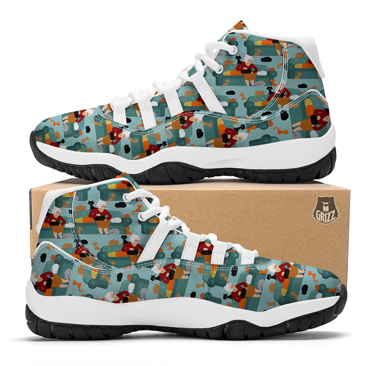 Grandma Nana Pattern Print White Bball Shoes-grizzshop