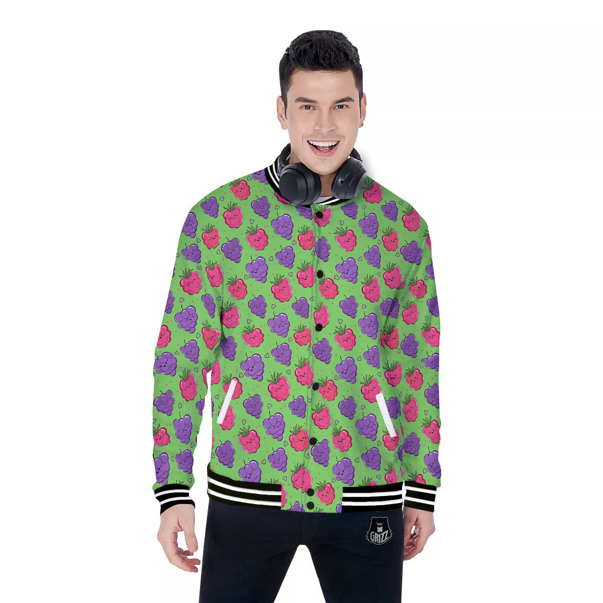 Grape Cute Print Pattern Baseball Jacket-grizzshop