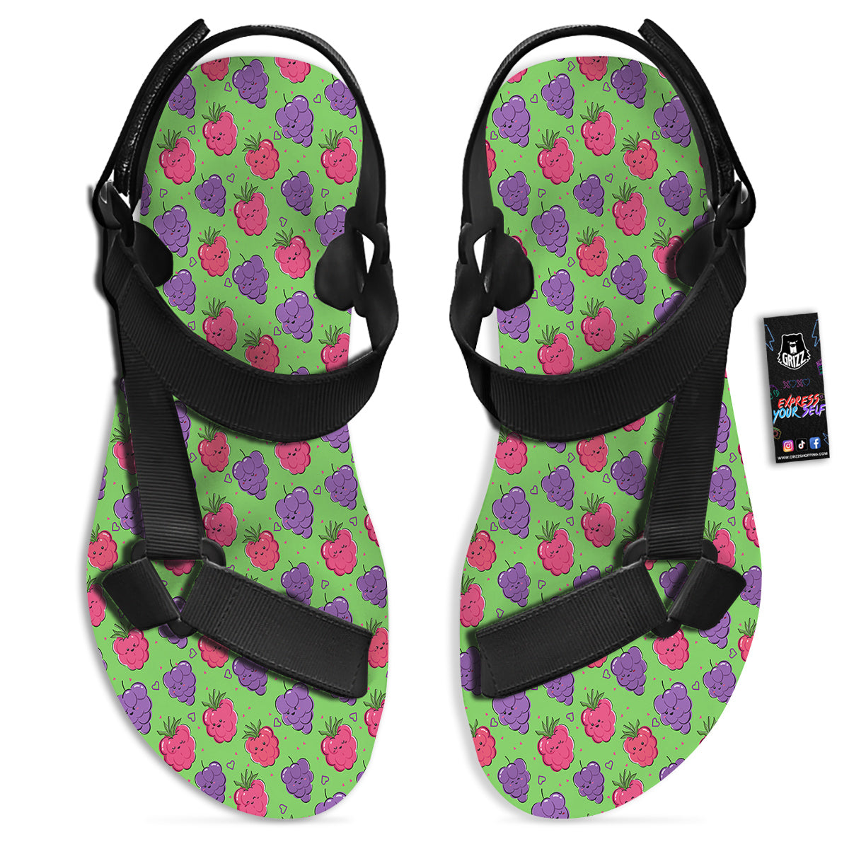 Grape Cute Print Pattern Black Open Toe Sandals-grizzshop