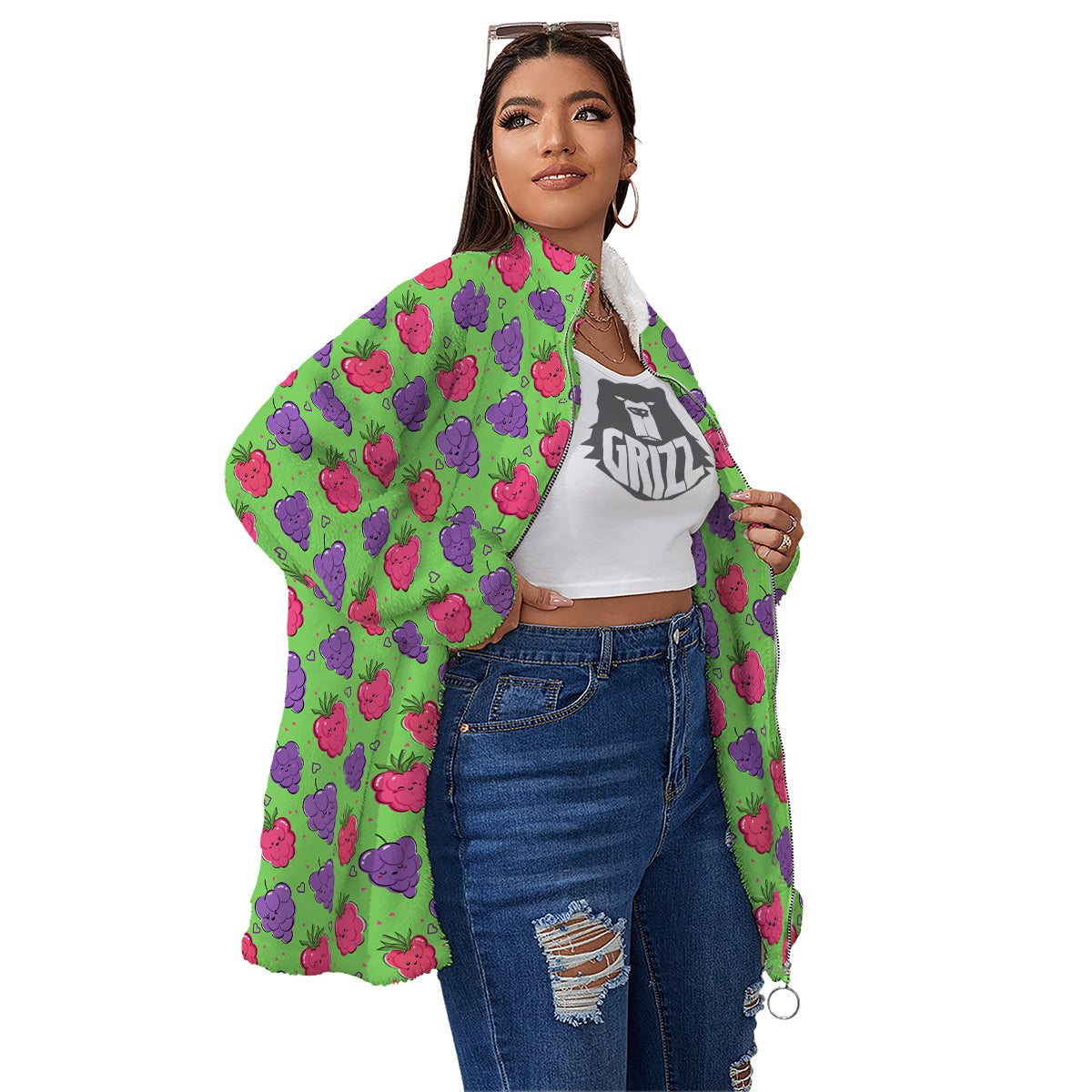Grape Cute Print Pattern Women's Sherpa Jacket-grizzshop