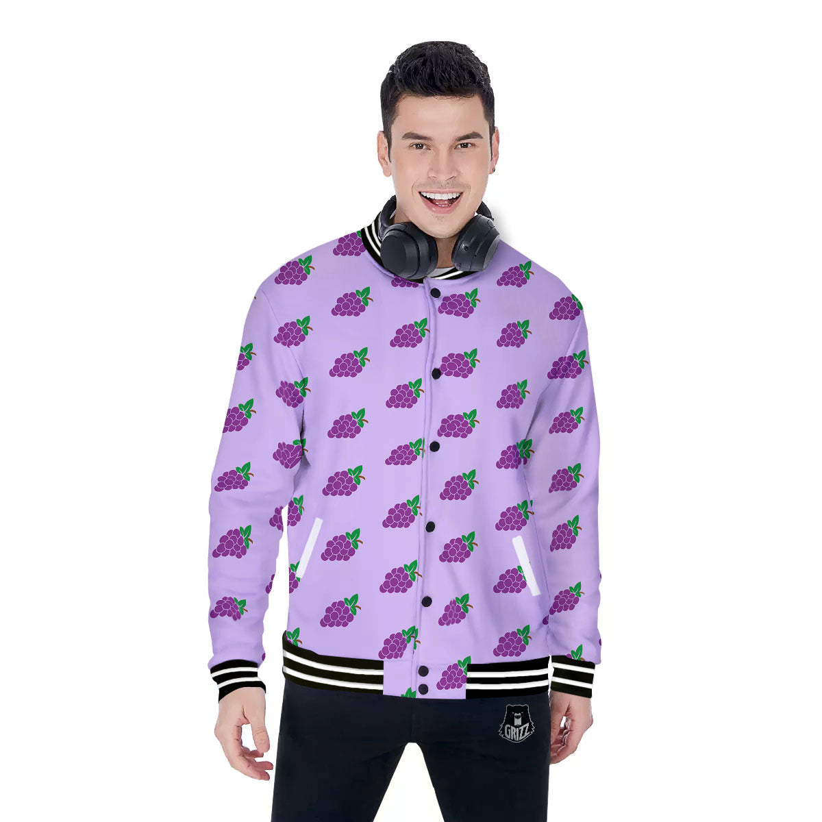 Grape Purple Print Pattern Baseball Jacket-grizzshop