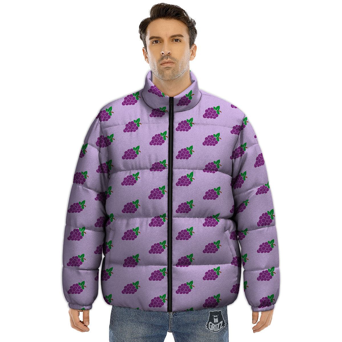 Grape Purple Print Pattern Puffer Jacket-grizzshop