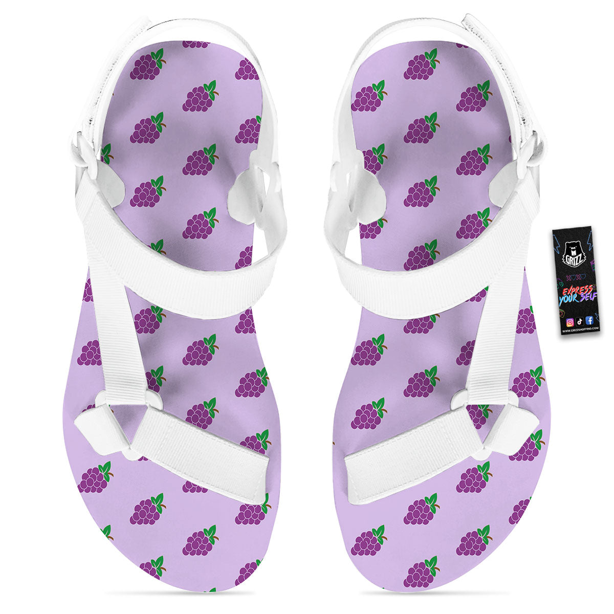 Grape Purple Print Pattern White Open Toe Sandals-grizzshop