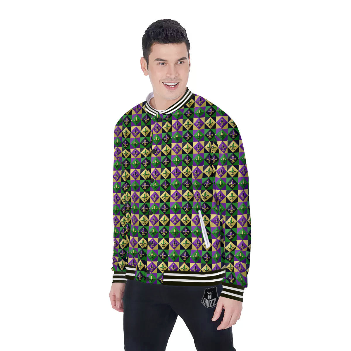 Gras Geometric Mardi Print Pattern Baseball Jacket-grizzshop