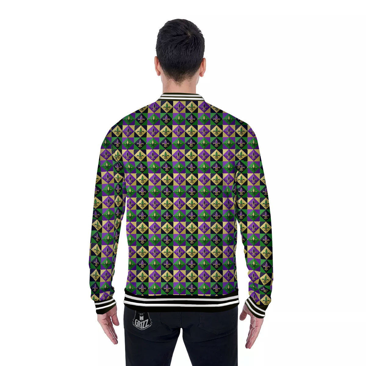 Gras Geometric Mardi Print Pattern Baseball Jacket-grizzshop
