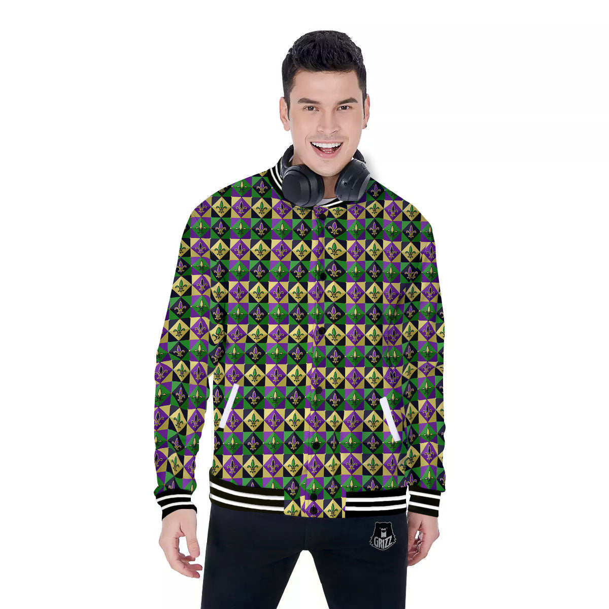 Gras Geometric Mardi Print Pattern Baseball Jacket-grizzshop