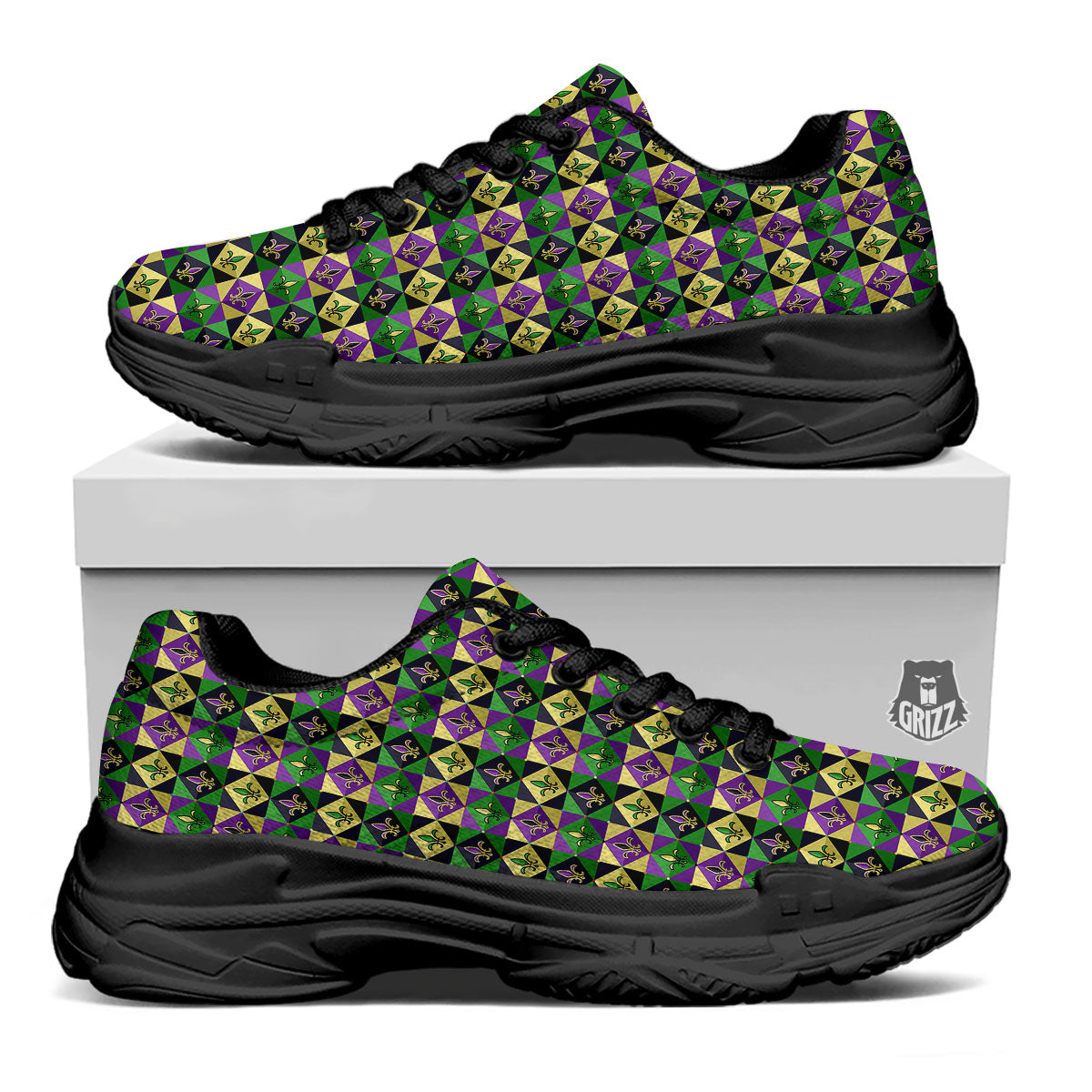 Gras Geometric Mardi Print Pattern Black Chunky Shoes-grizzshop