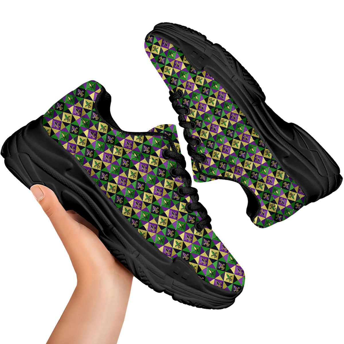 Gras Geometric Mardi Print Pattern Black Chunky Shoes-grizzshop