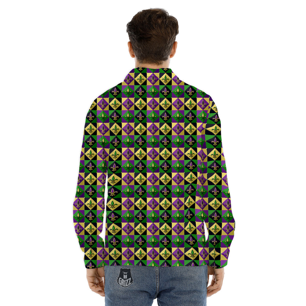 Gras Geometric Mardi Print Pattern Men's Dress Shirts-grizzshop