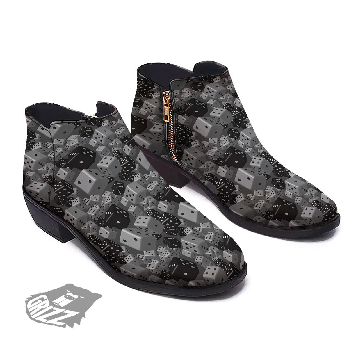 Gray Black 3D Dice Print Pattern Ankle Boots-grizzshop