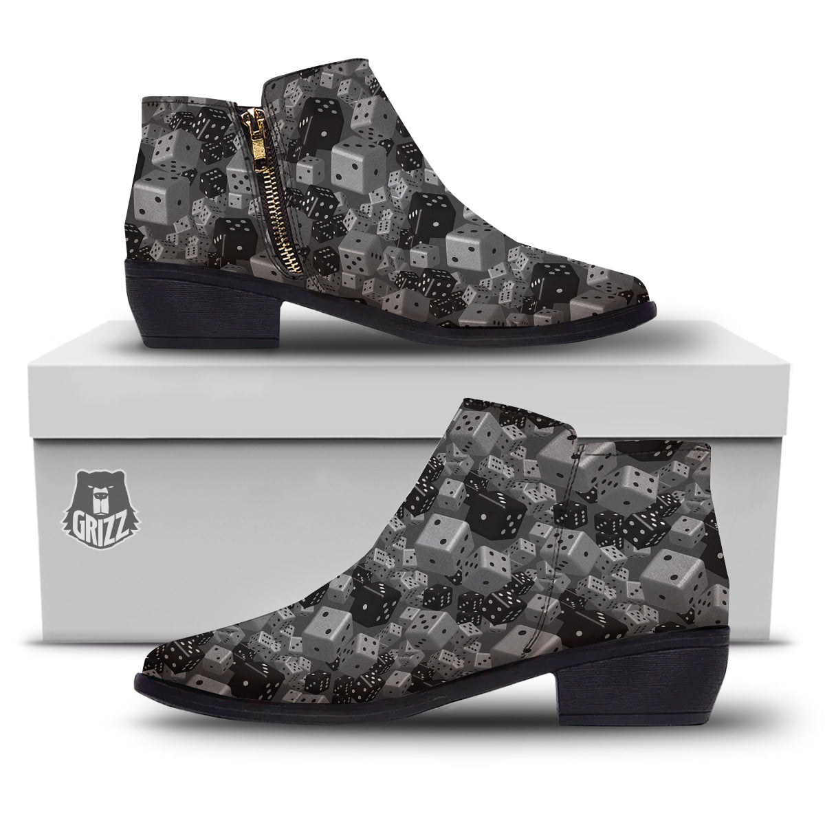 Gray Black 3D Dice Print Pattern Ankle Boots-grizzshop