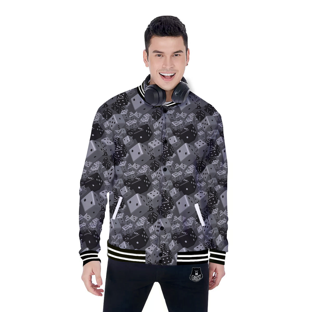 Gray Black 3D Dice Print Pattern Baseball Jacket-grizzshop