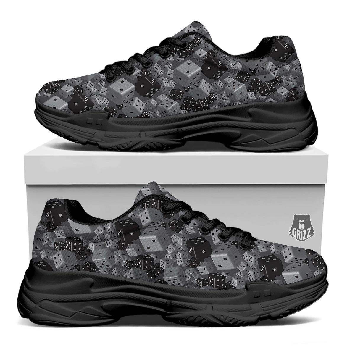 Gray Black 3D Dice Print Pattern Black Chunky Shoes-grizzshop