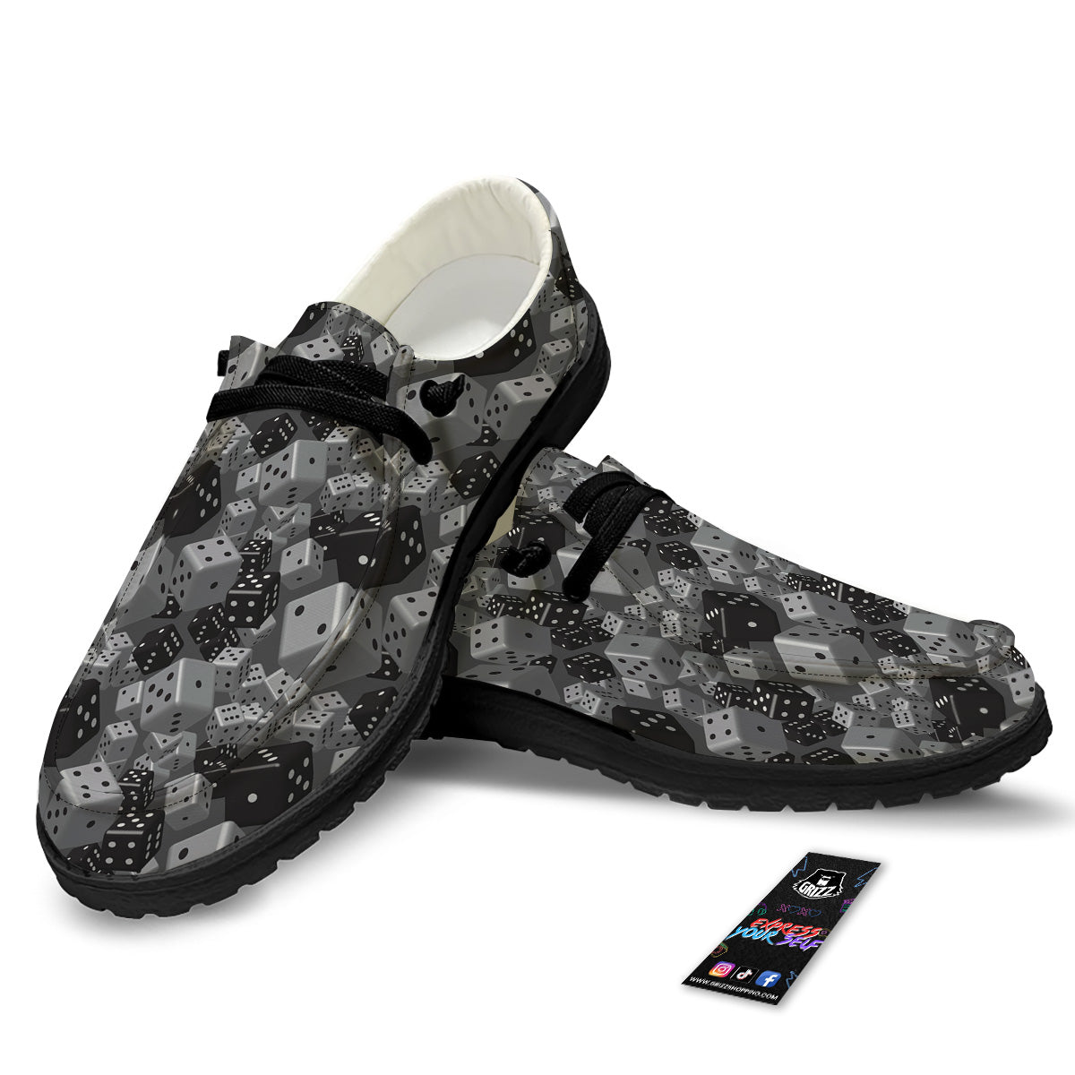Gray Black 3D Dice Print Pattern Black Loafers-grizzshop