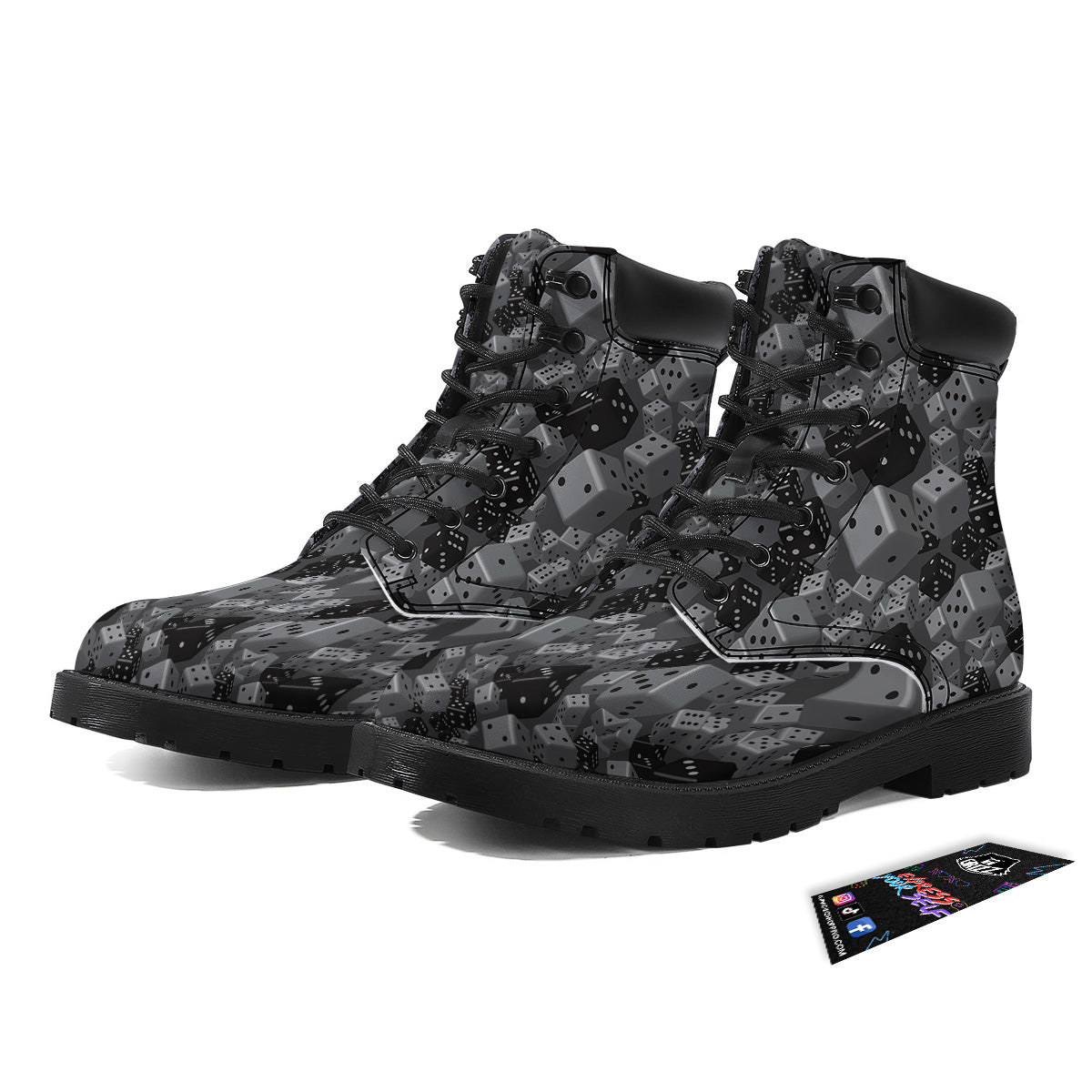 Gray Black 3D Dice Print Pattern Boots-grizzshop