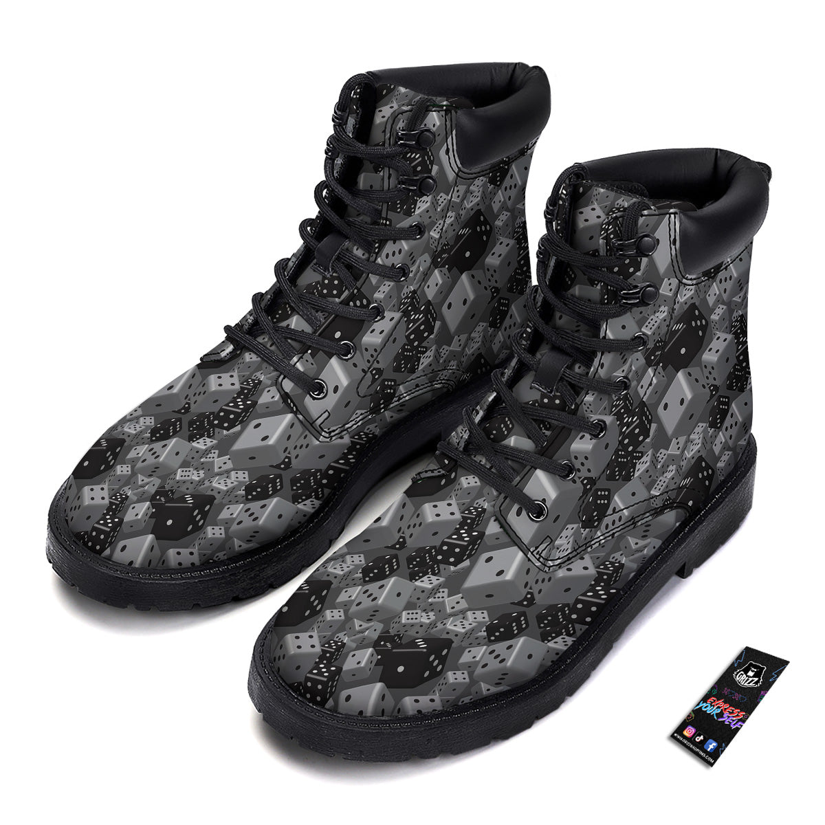 Gray Black 3D Dice Print Pattern Boots-grizzshop