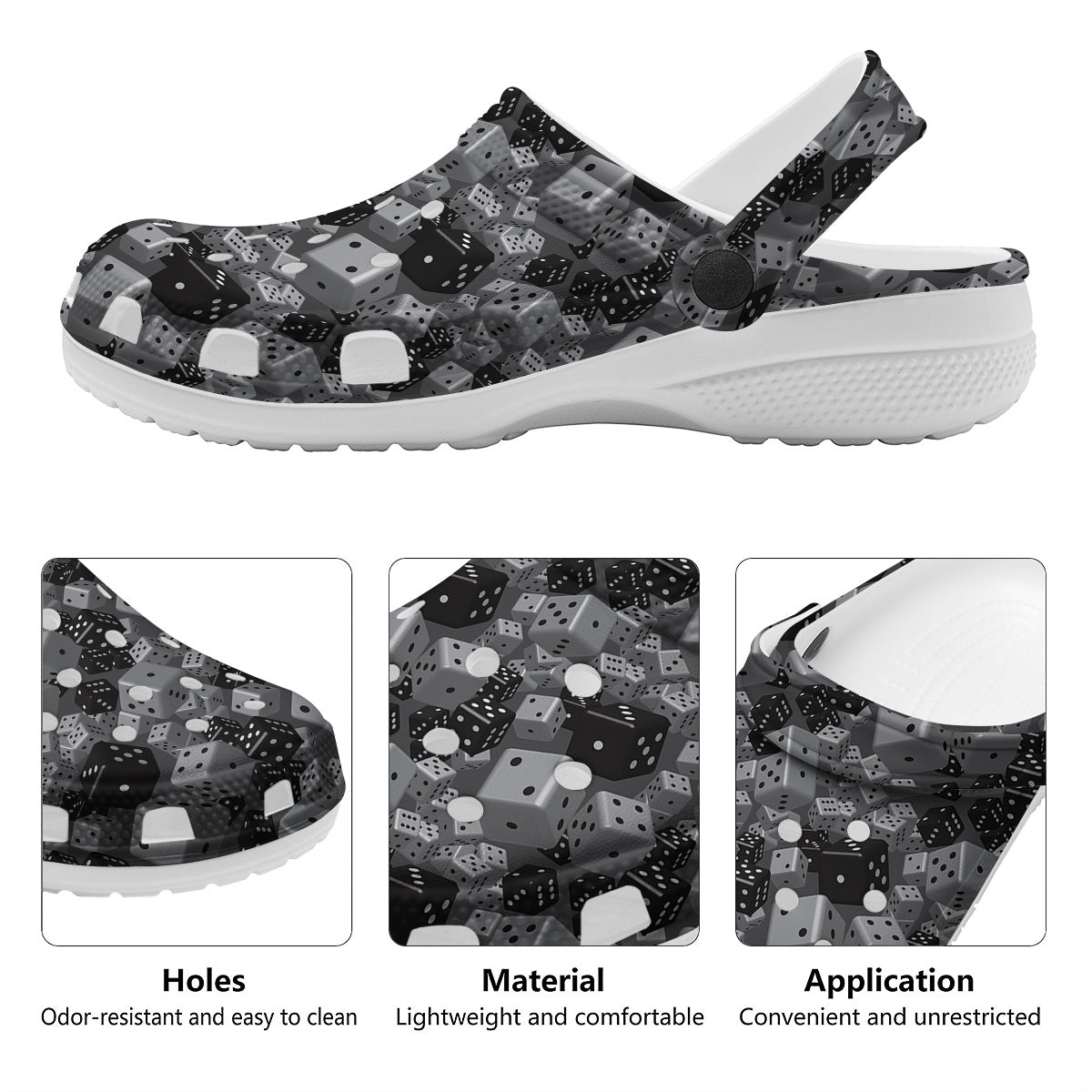 Gray Black 3D Dice Print Pattern Clog-grizzshop
