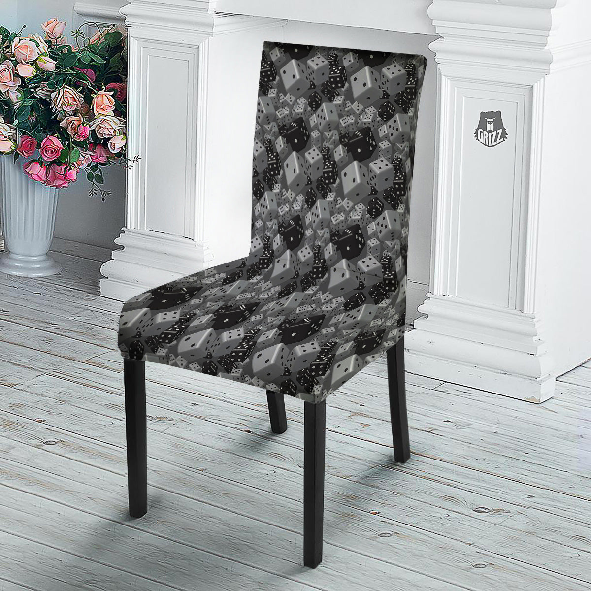 Gray Black 3D Dice Print Pattern Dining Chair Slipcover-grizzshop