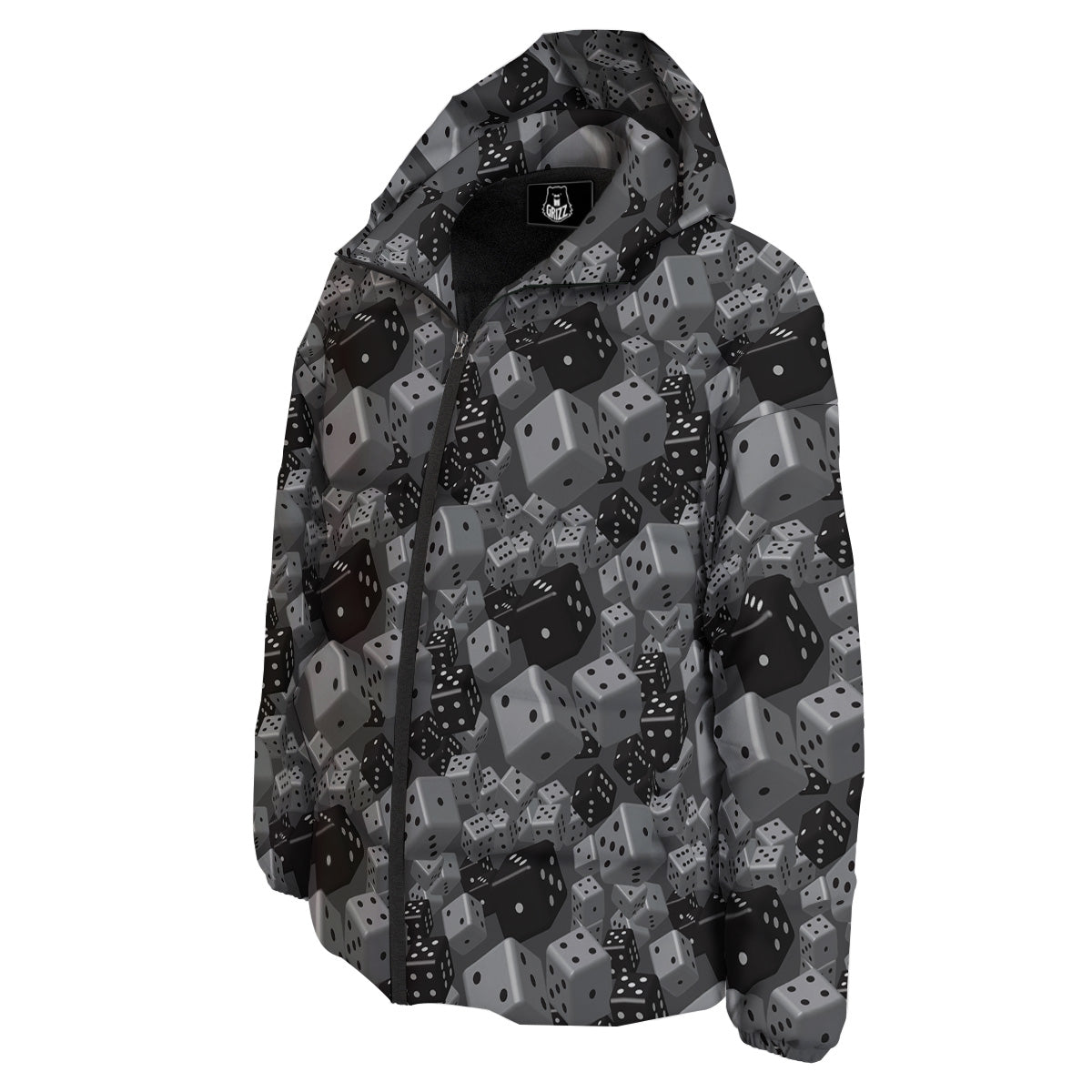 Gray Black 3D Dice Print Pattern Down Jacket-grizzshop