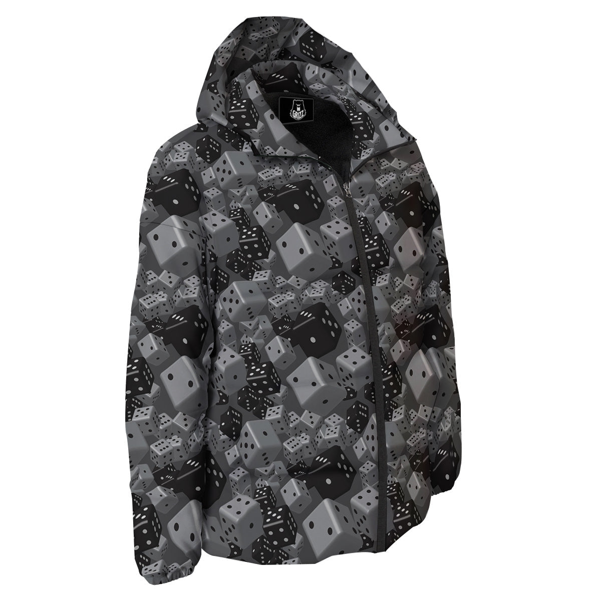 Gray Black 3D Dice Print Pattern Down Jacket-grizzshop
