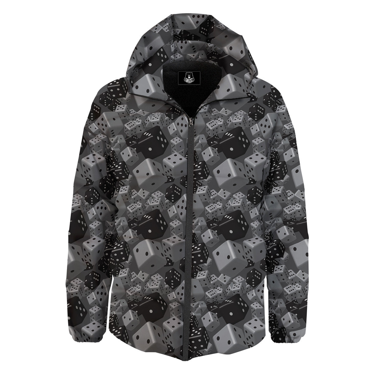 Gray Black 3D Dice Print Pattern Down Jacket-grizzshop