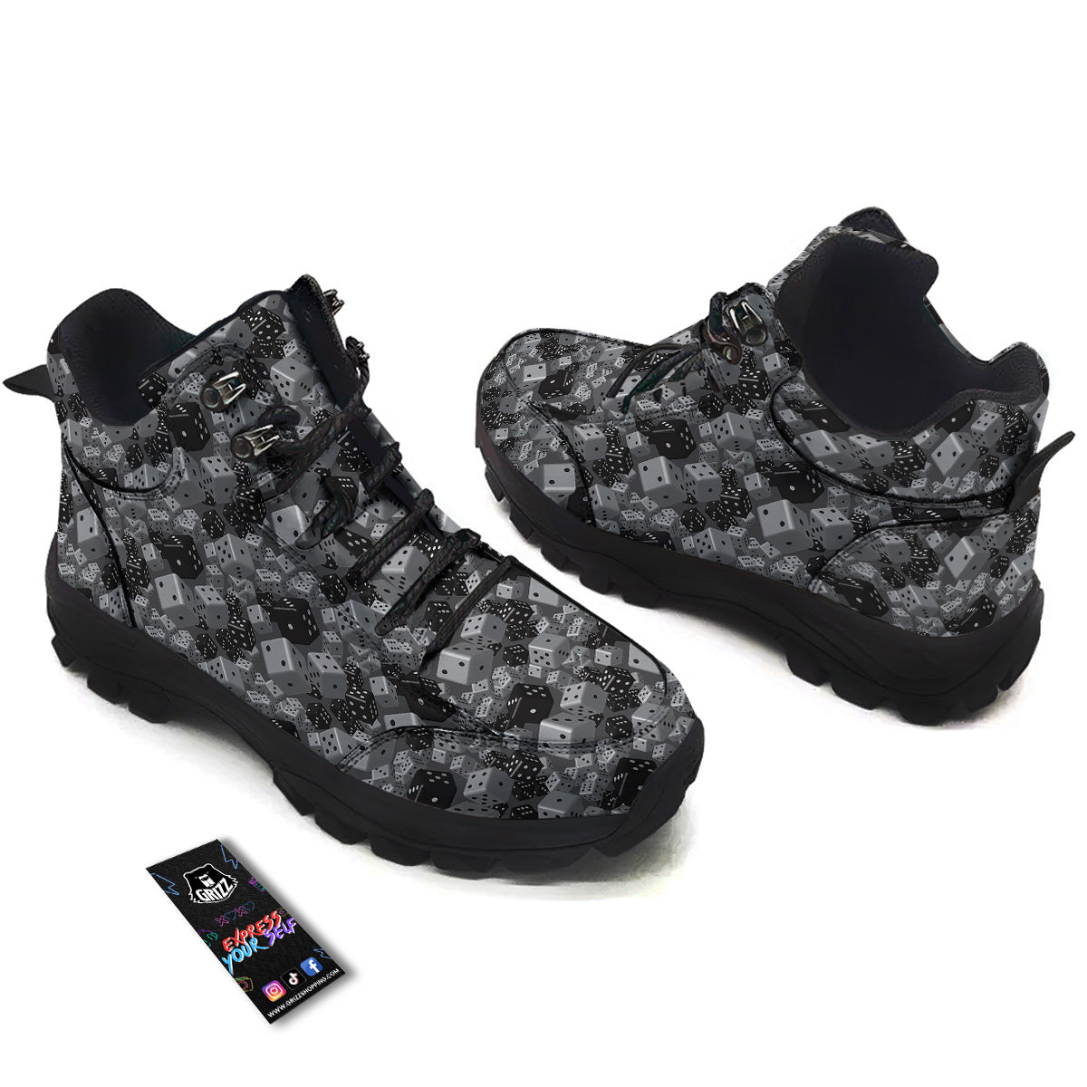 Gray Black 3D Dice Print Pattern Hiking Shoes-grizzshop