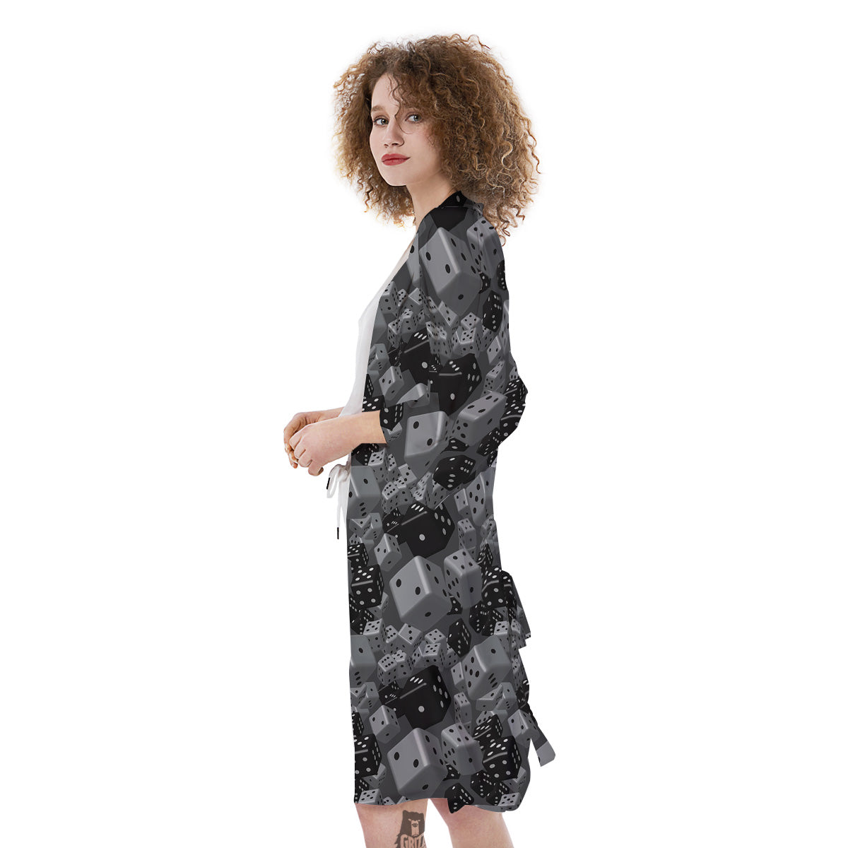 Gray Black 3D Dice Print Pattern Kimono-grizzshop