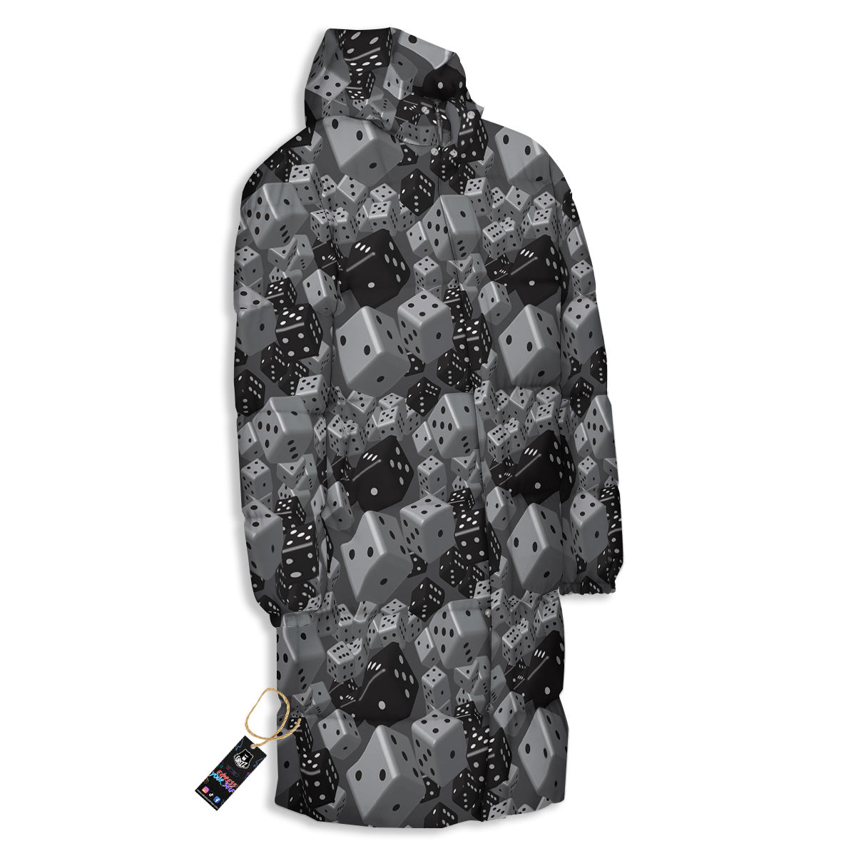 Gray Black 3D Dice Print Pattern Long Down Jacket-grizzshop