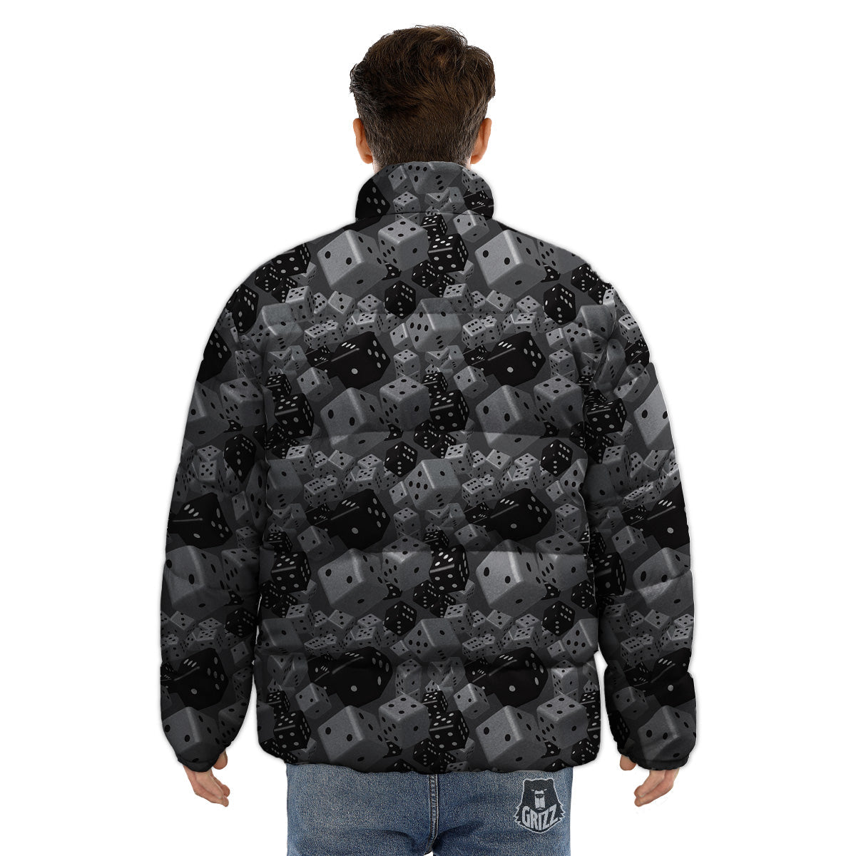 Gray Black 3D Dice Print Pattern Puffer Jacket-grizzshop