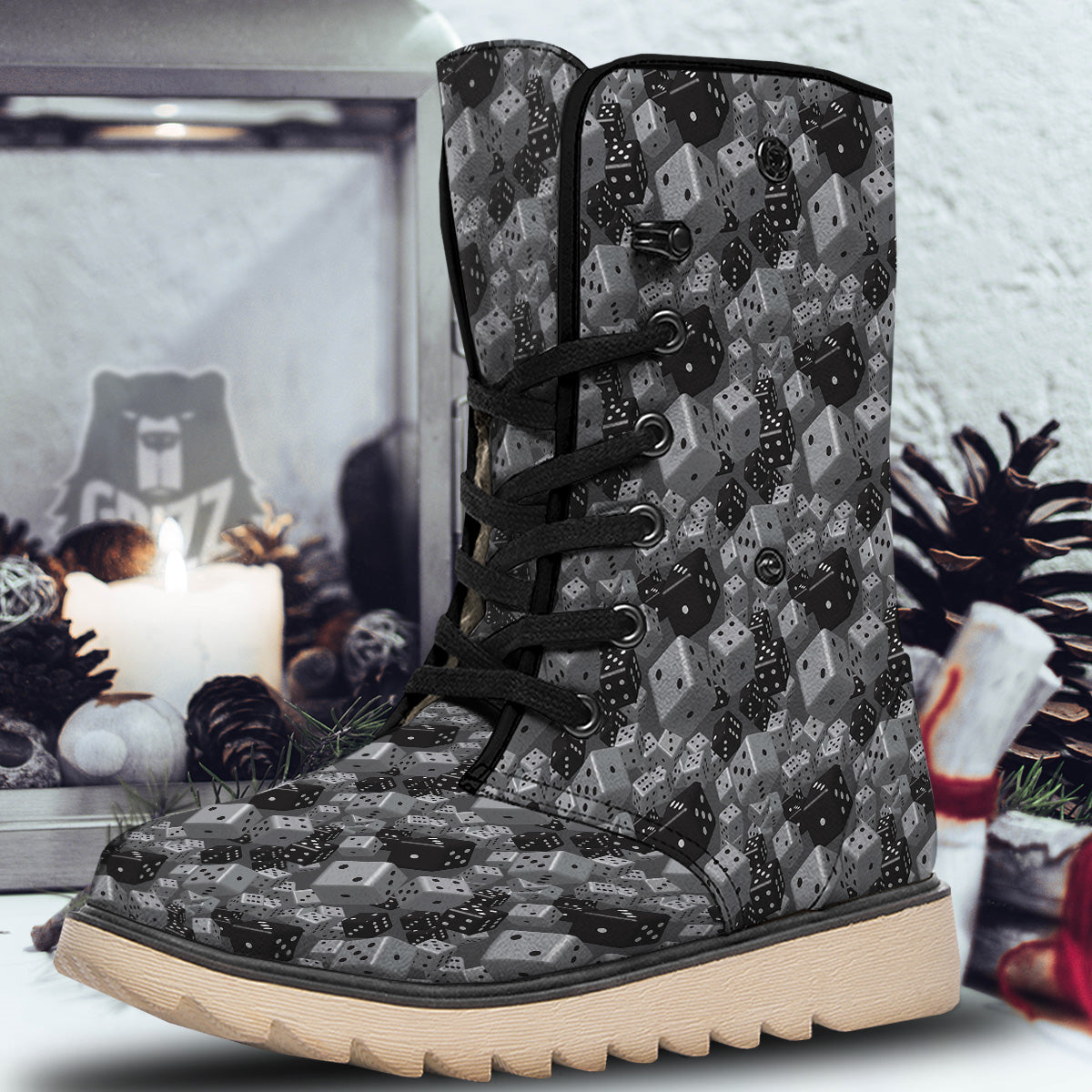 Gray Black 3D Dice Print Pattern Snow Boots-grizzshop