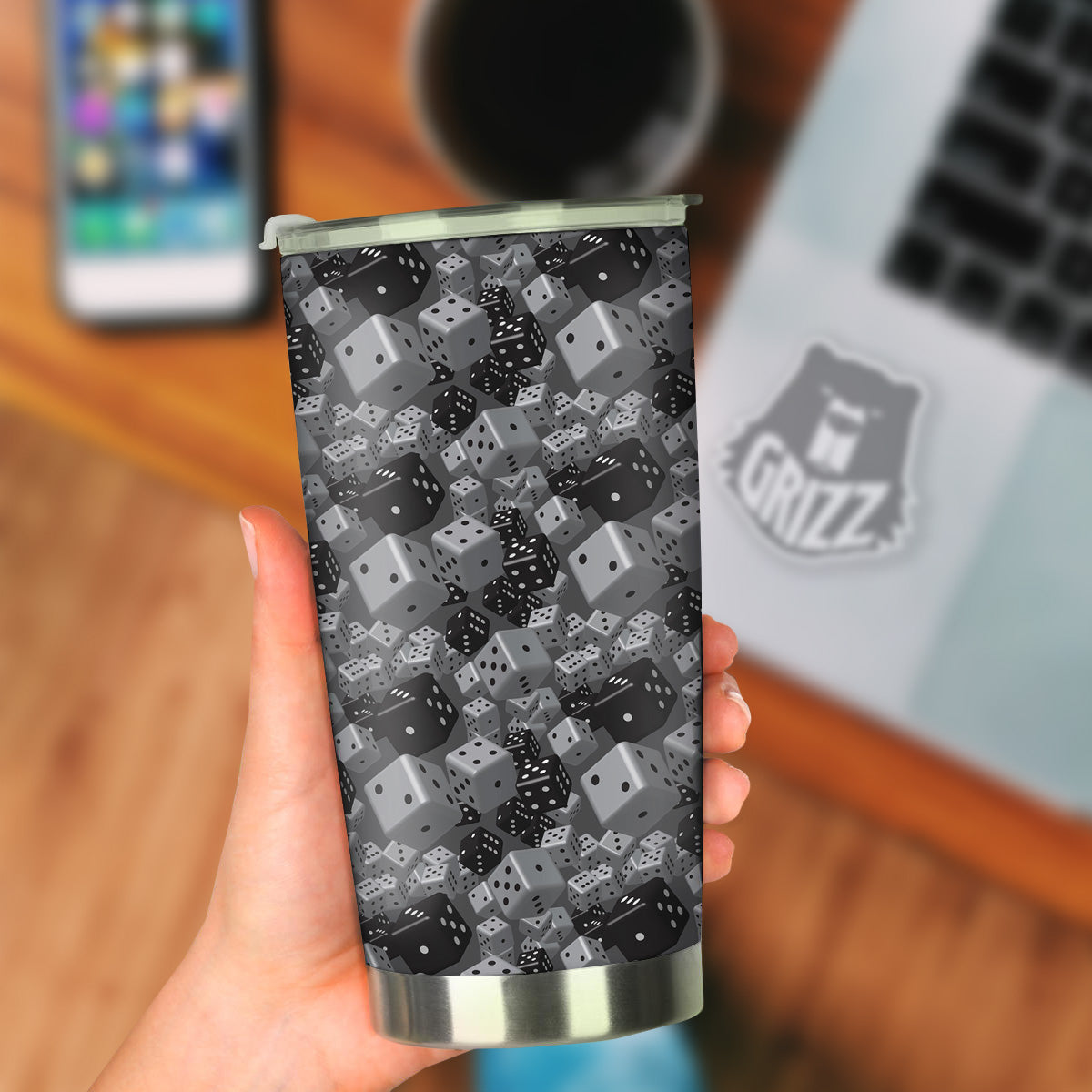 Gray Black 3D Dice Print Pattern Tumbler-grizzshop