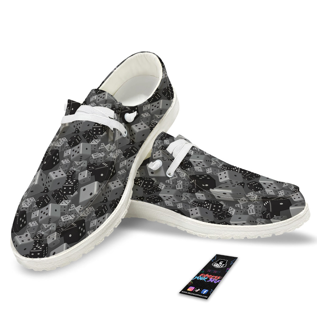 Gray Black 3D Dice Print Pattern White Loafers-grizzshop