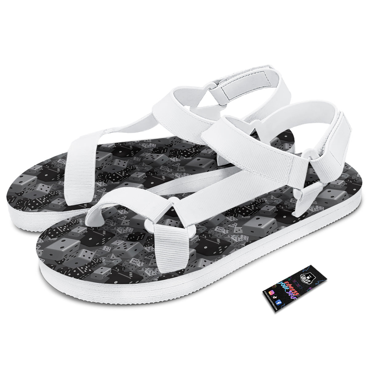 Gray Black 3D Dice Print Pattern White Open Toe Sandals-grizzshop
