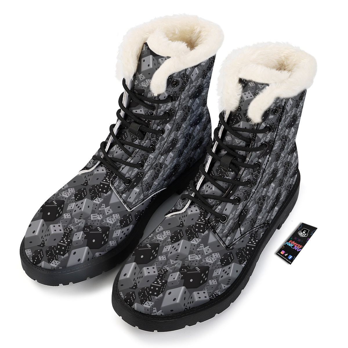 Gray Black 3D Dice Print Pattern Winter Boots-grizzshop