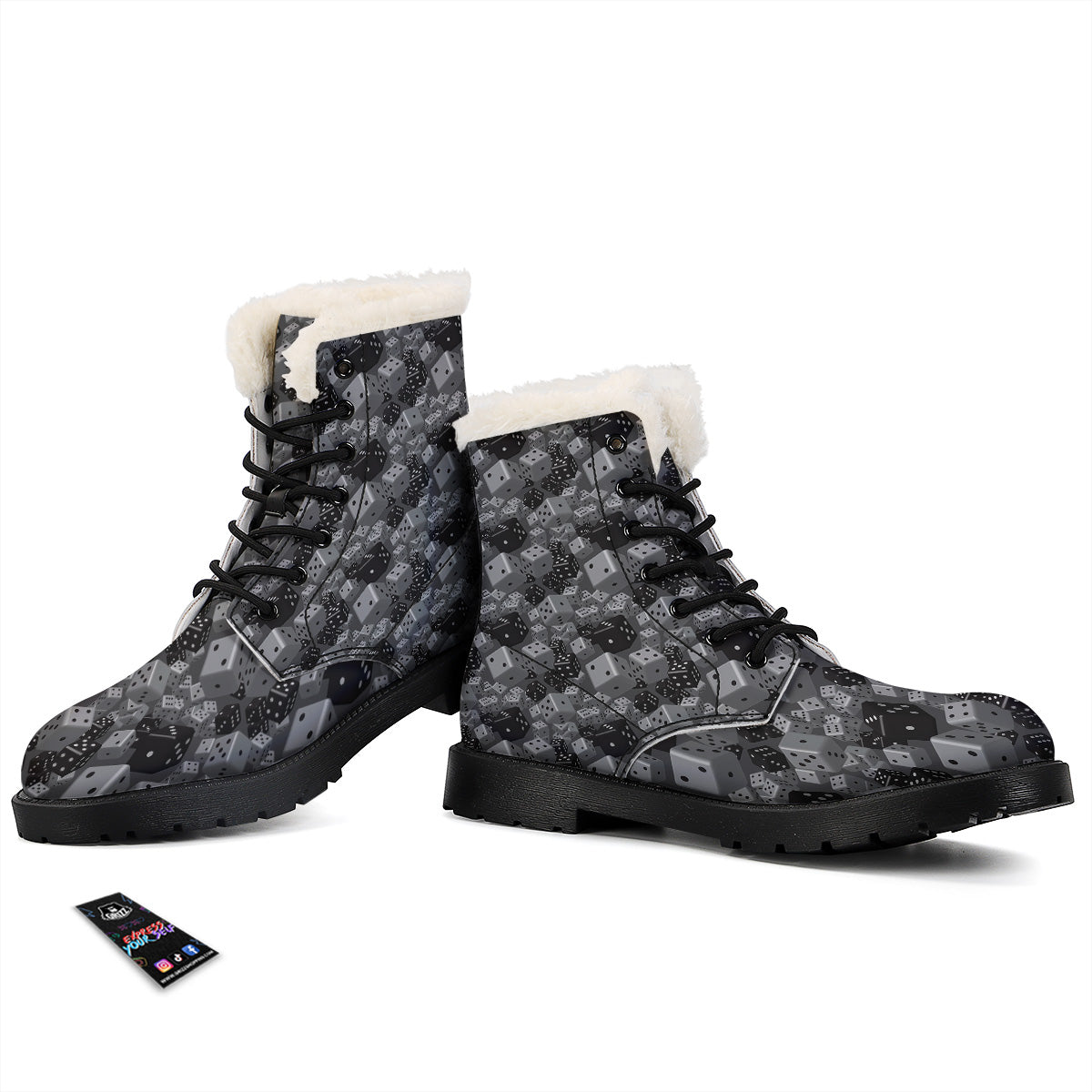 Gray Black 3D Dice Print Pattern Winter Boots-grizzshop