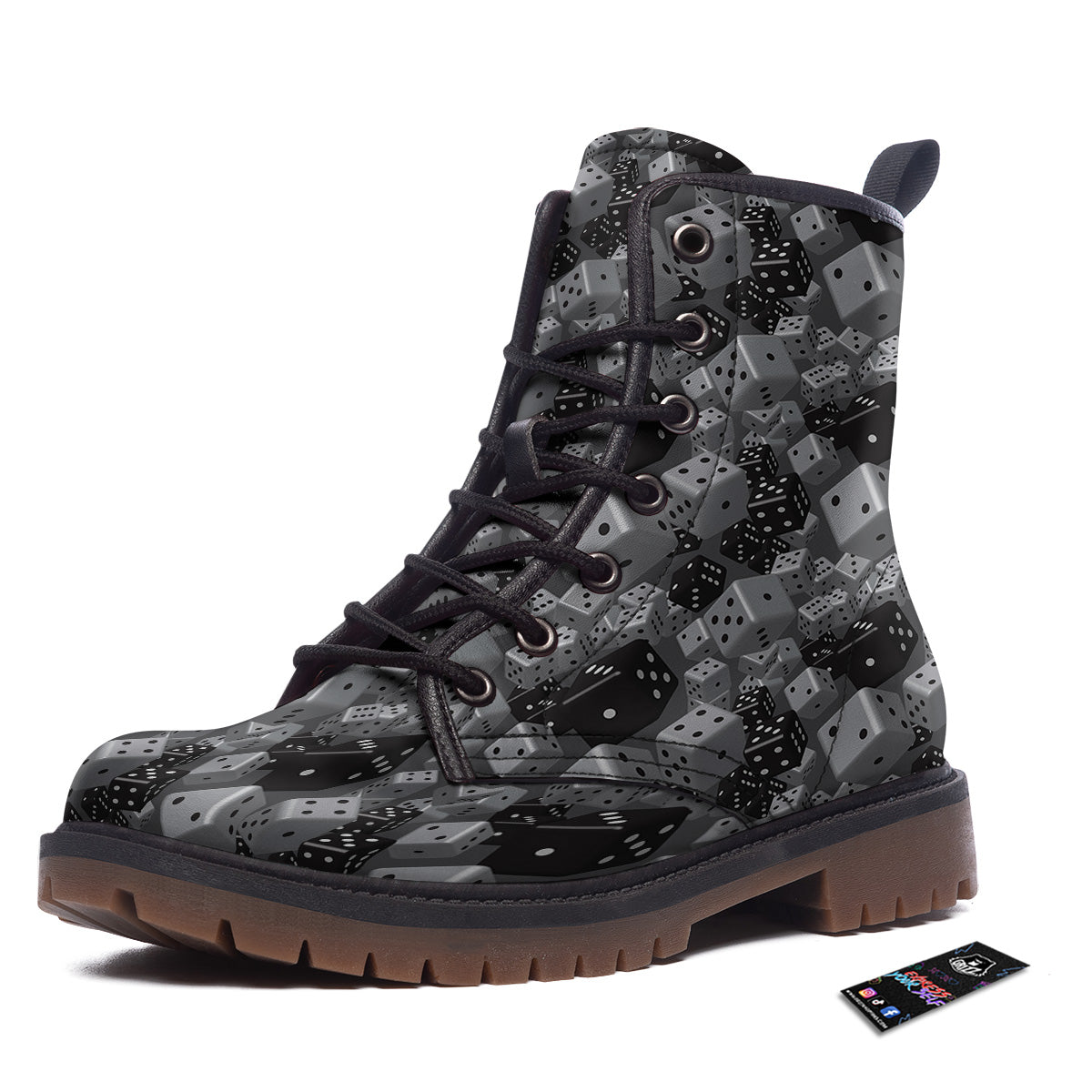 Gray Black 3D Dice Print Pattern Work Boots-grizzshop